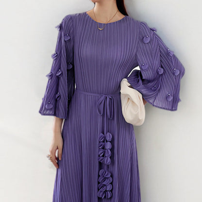 2025 2025 New new Mizhai dress large size women's clothing seven-quarter sleeve lace-up medium and long fashion temperament pleated skirt