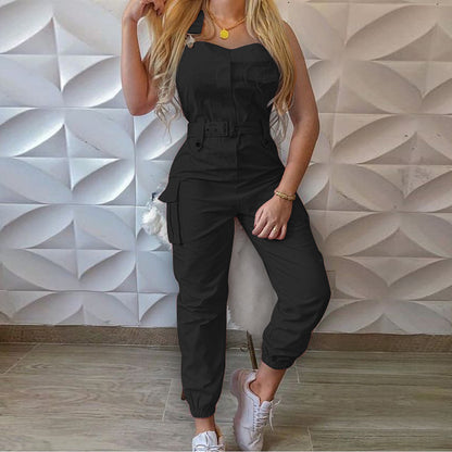 Antmvs HOT and NEW Cross Border wish Women Workwear Jumpsuit Belt Sleeveless Suspender Pants Simple Ankle Banded Pants F8h233