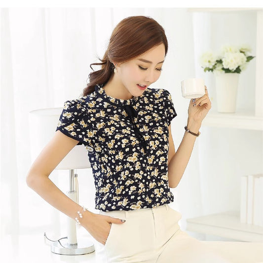 ANTMVS Summer New Women's Chiffon Shirt Sweet Tie-Neck Floral Short Sleeve Shirt Printed Bottoming Shirt