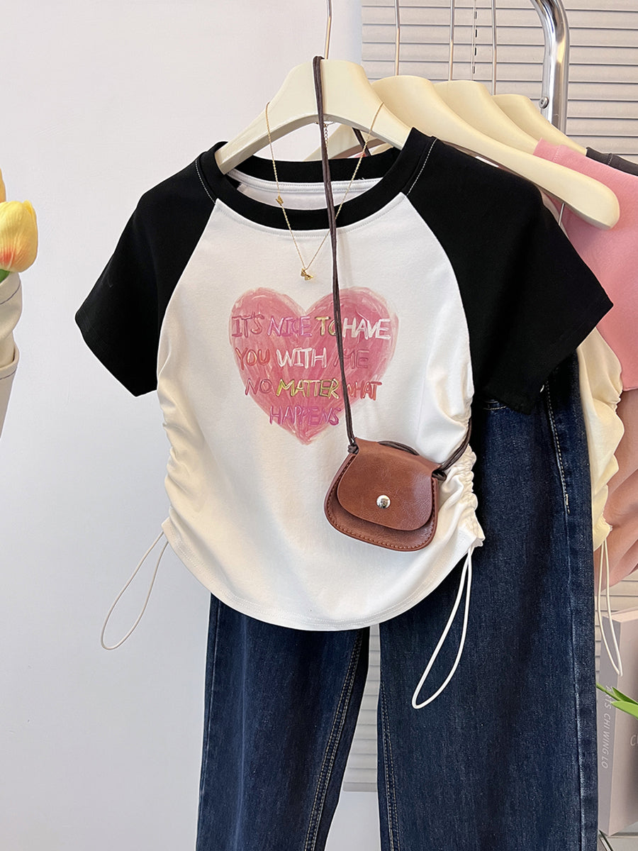 ANTMVS American Style Retro Heart Printing Short Sleeve T-shirt Women's  Summer Shoulder Slim Fit Girls Short Raglan Sleeve Top