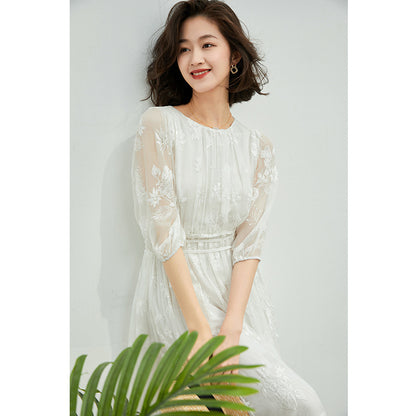 Heavy Embroidery Dress Women's Summer Feeling Mulberry Silk Skirt White Temperament High Waist Silk Dress