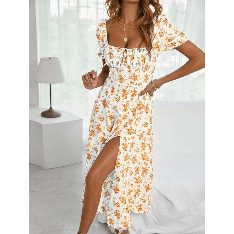 Antmvs -  Women's Ditsy Floral Print Puff Sleeve Split Thigh Dress, Boho Short Sleeve Tie Front Square Neck A Line Midi Dress for Beach Holiday Vacation, Ladies Summer Clothes