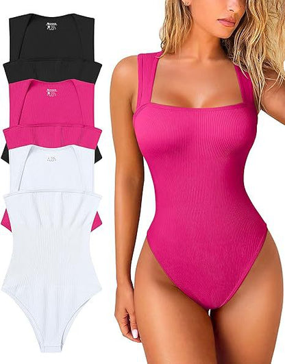 Antmvs -  Women's 3 Piece Basic Bodysuits Sexy Ribbed Strappy Square Neck Sleeveless Bodysuits