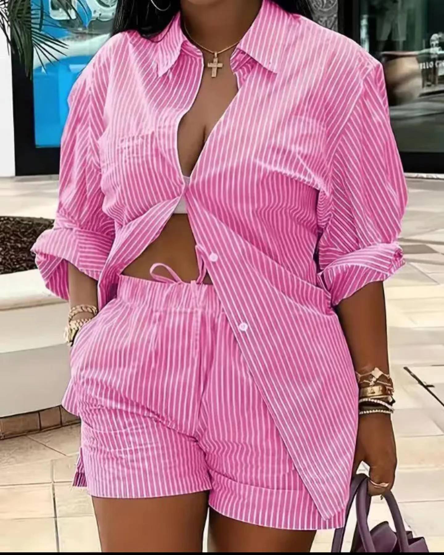 Antmvs -  Women's Striped Print Pocket Split Hem Shorts Set, Casual Long Sleeve Collared Top & Elastic Waist Shorts, Summer Outfits 2024, Holiday Outfits 2024