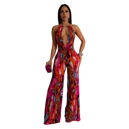 ANTMVS C6930    2025 fashion women's clothing printed sleeveless deep V color matching backless long jumpsuit