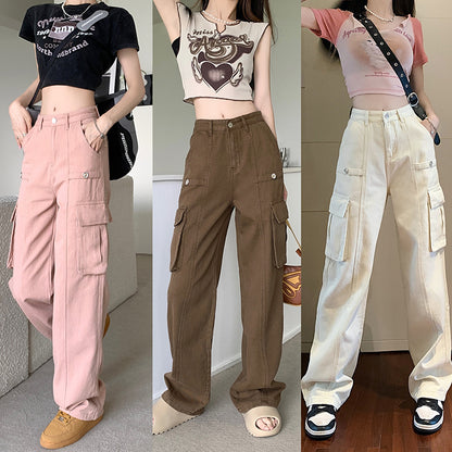 American Denim Overalls Women's 2024 New Retro High Waist Loose and Slimming Pocket Trousers Wide Leg Pants