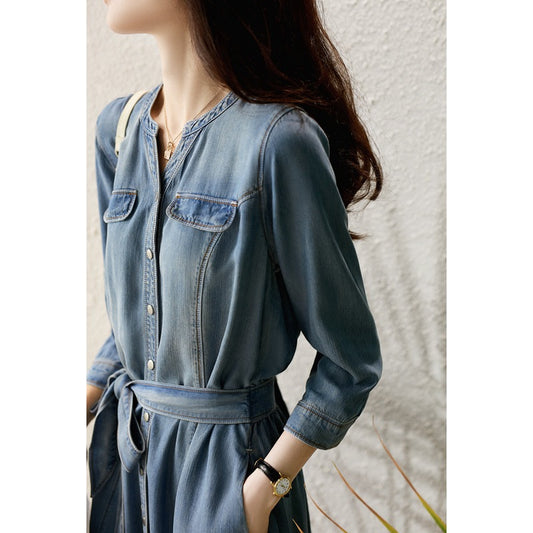 2025 summer new models easily wear fresh and fashionable feeling, thin and refreshing Lyocell lace-up button dress