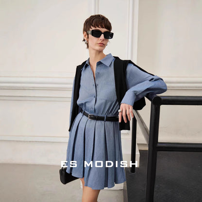 2025 ES MODISH Spring New Urban Commuter Waist Shirt Dress Pleated Long Sleeve Skirt (with Belt)