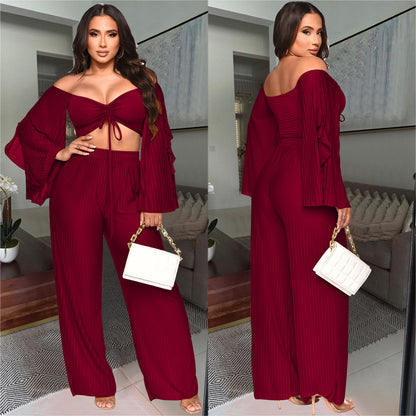 ANTMVSC6340   2025 fashion women's clothing solid color crumpled long-sleeved trousers two-piece set women