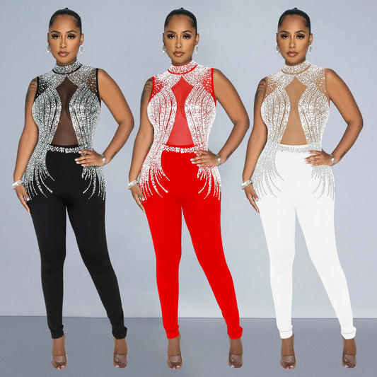 ANTMVS C6931    2025 fashion women's clothing solid color mesh hot diamond sleeveless trousers jumpsuit