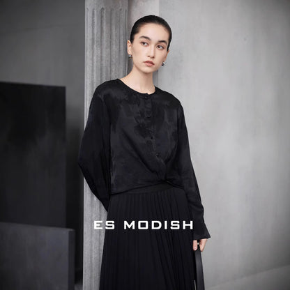 2025 ES MODISH Spring New National Style Jacquard Crew Neck Drawstring Shirt Lazy Casual Loose Top Girls
