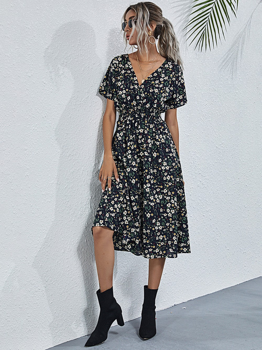 ANTMVS  Cross-Border Foreign Trade Women's Clothing 2022 Summer New European and American Station Small Floral Print Short Sleeve Dress