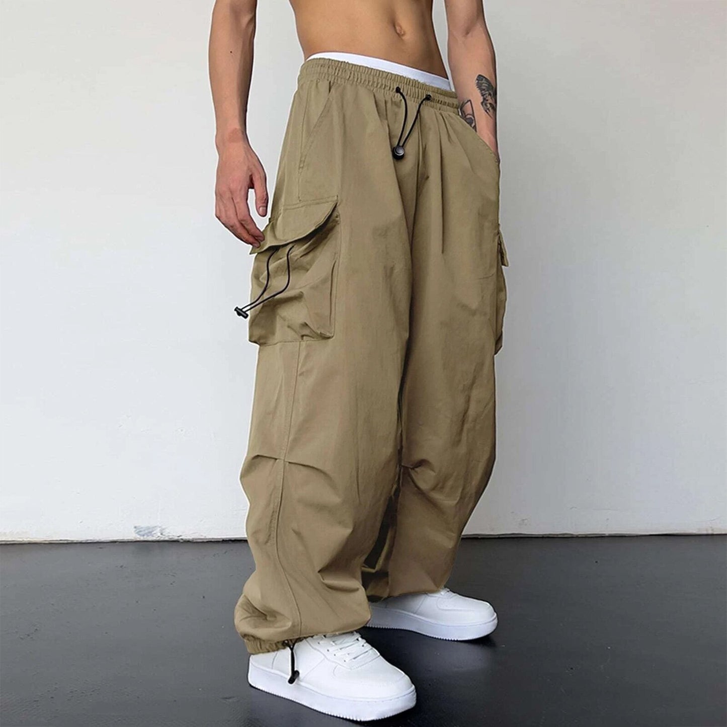 ANTMVS Nylon Quick-Drying Overalls Men's Summer New American Parachute Pants High Waist Wide Leg Leisure Drawstring