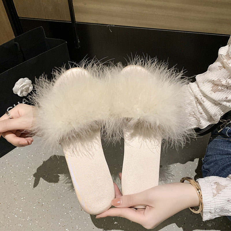 ANTMVS Korean Style Summer New Flat Fluffy Slippers Women's Outer Wear Fashion Trending Low Heel Slippers Feather Flip-Flops