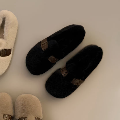 2025 Fluffy shoes women's outer wear popular new winter Maillard belt buckle soft sole non-slip beanie cotton shoes