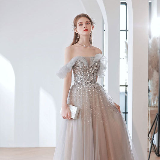 2025 Temperament banquet evening dress women's  new spring bride shoulder gray atmosphere host elegant dress dress