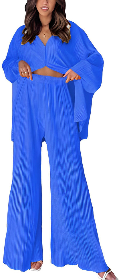 Antmvs -  New Cross-border Women's Spring Solid Color Pleated Single-breasted Top High Waist Wide-leg Flared Pants Home Wear Suit