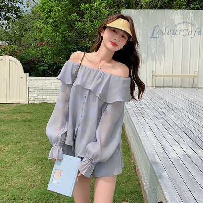 ANTMVS Off-the-Shoulder Two-Piece Collar Ruffled Long Sleeve Shirt Wide Leg Shorts Two-Piece Set Fairy Temperamental Sun-Proof Set Women