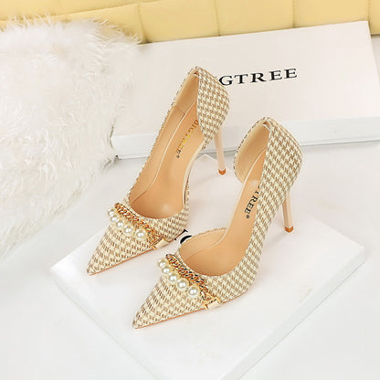 ANTMVS  8829-1 [Customized] High Heel Shoes Plaid Side Hollow Houndstooth Pearl Metal Chain Super High Heel Shoes