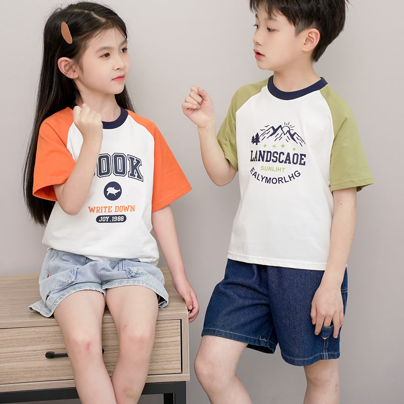 ANTMVS Children's Short Sleeve  Summer New Boys and Girls Color Matching T-shirt Medium and Big Children's Letter Raglan Sleeve Cotton T Undershirt Wholesale