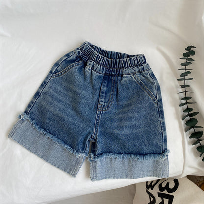 ANTMVS GL-kids Korean Style Summer New Children's Retro Do the Old Cowboy Shorts Baby Boy and Baby Girl Raw Edge Denim 5-Point Pants