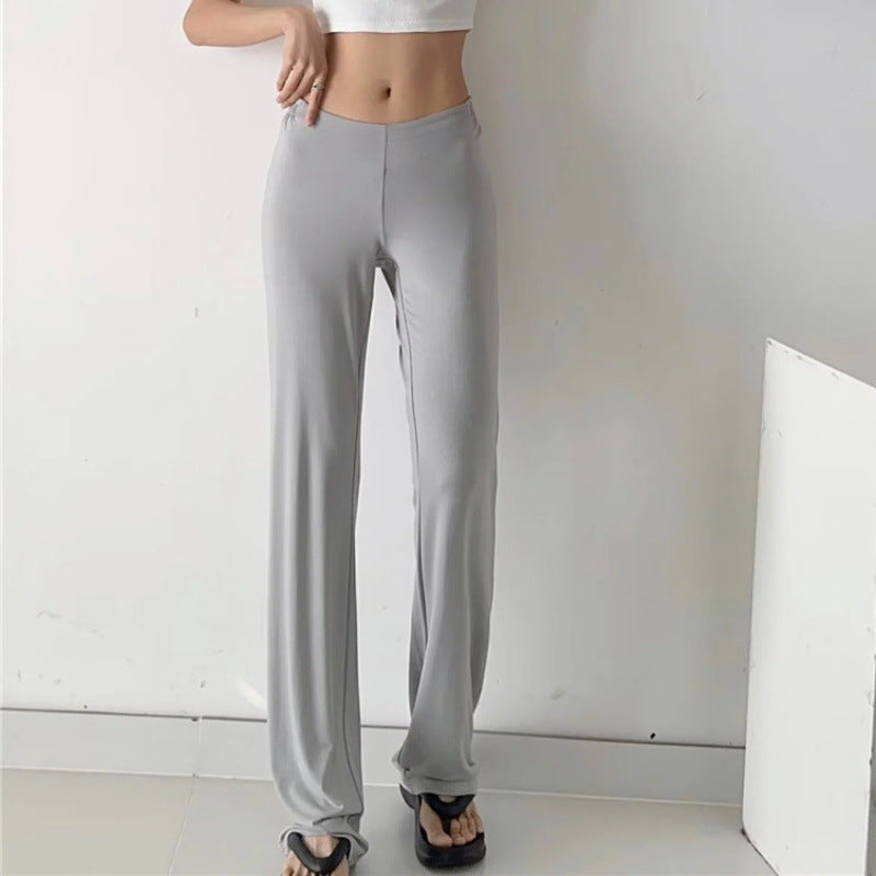 Antmvs HOTan and NEWn Style Sexy Low Waist Casual Fitness Sports Straight Pants Stretch Slim Solid Color Wide Leg Trousers Mop Pants Women