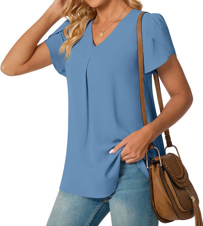 ANTMVS Independent Station Popular Women's Fashionable Chiffon Shirt V-neck Ruffled Short Sleeve Waist Top in Stock