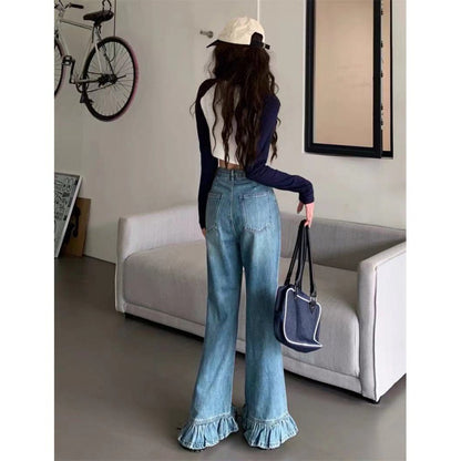 In Stock New Hong Kong Style Loose Slimming Slightly Flared Spring and Autumn Jeans Korean Style High Waist Mop Trousers Women Ruffles