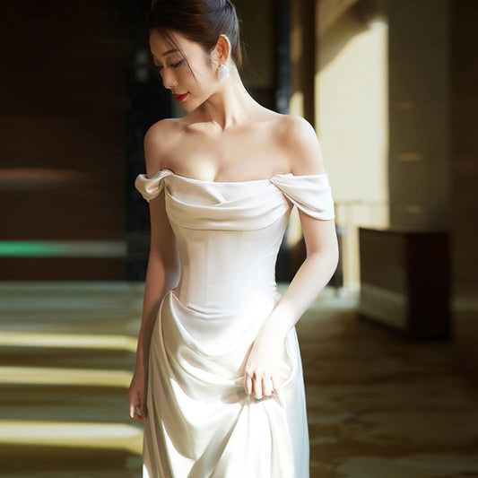 off-Shoulder Light Wedding Dress Bride High-Grade White Simple Satin Dress Temperament Entry Lux Slim-Fit Fishtail Skirt