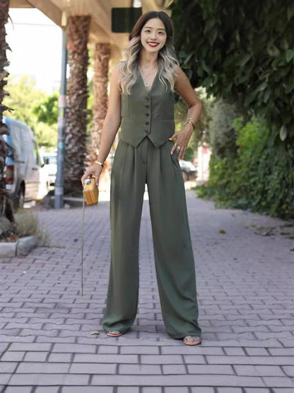 Antmvs -  Women's Button Front V Neck Vest & Elastic Waist Pants Set, Casual Sleeveless Top & Wide Leg Trousers for Summer, Ladies Clothes for Daily Wear, Women Clothing, 2 Piece Set Women