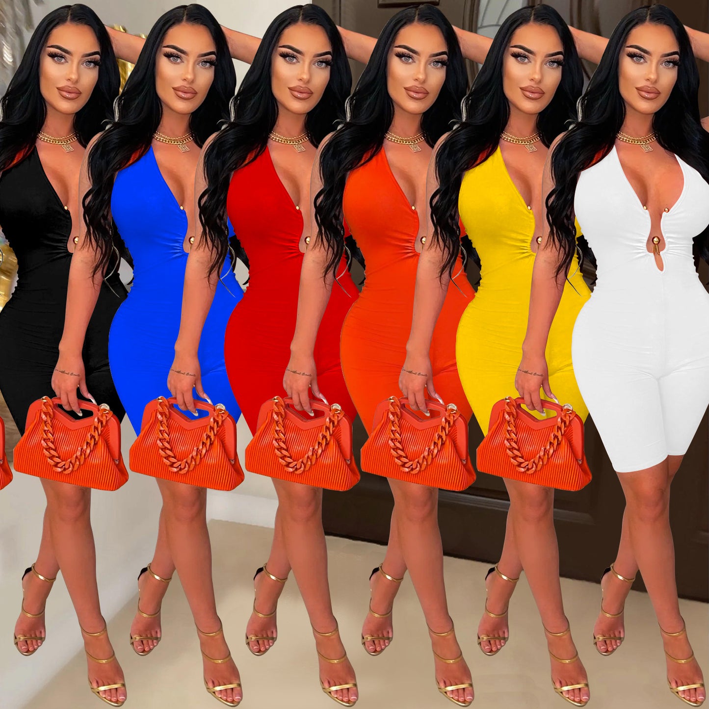 ANTMVSX6329   2025 fashion women's clothing solid color halter V-neck sleeveless shorts jumpsuit women