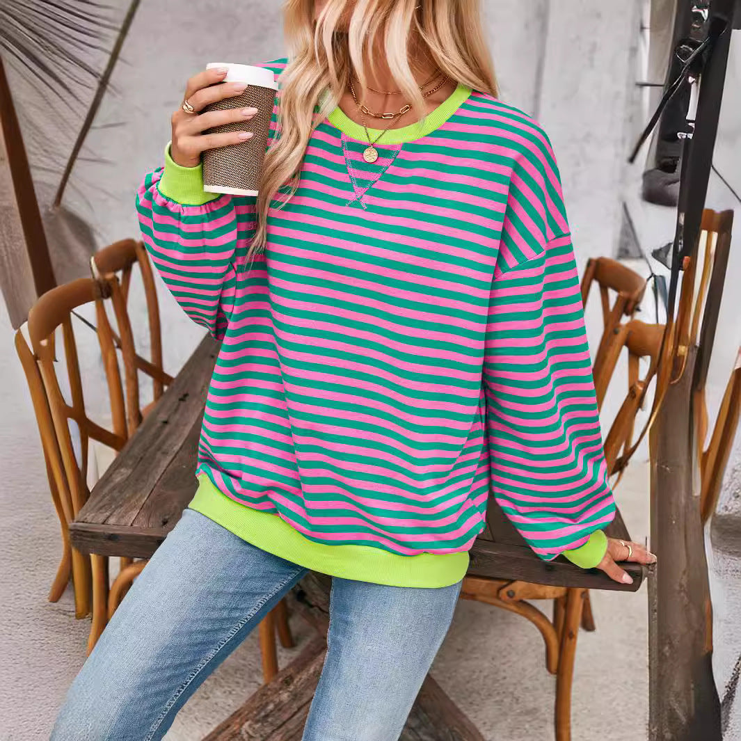 Antmvs -  Fisoew Womens Striped Oversized Sweatshirt Color Block Crew Neck Long Sleeve Shirt Casual Loose Pullover Top Y2K Clothes