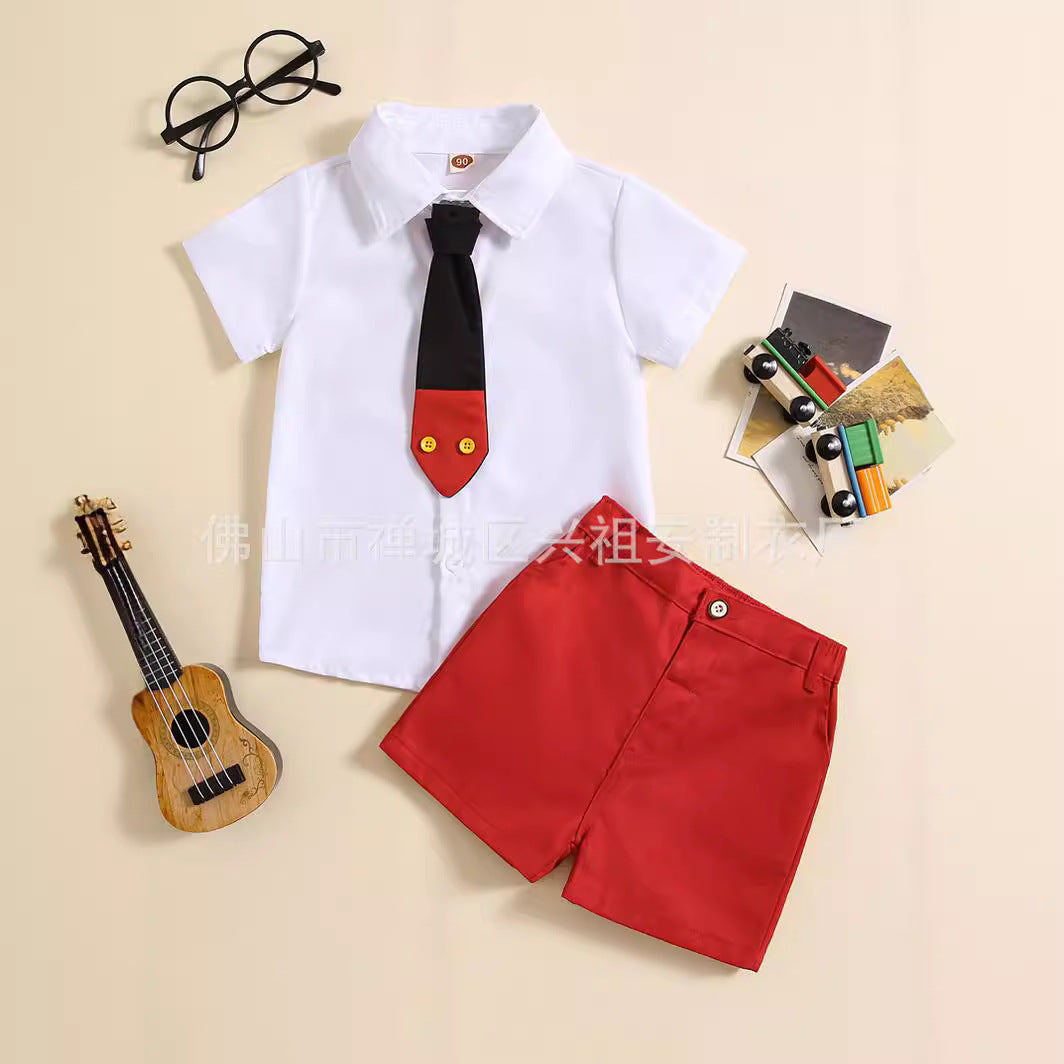 ANTMVS Children's Clothing  Summer New Children's Preppy Style Short-Sleeved Shirt Gentleman Tie Shorts Set