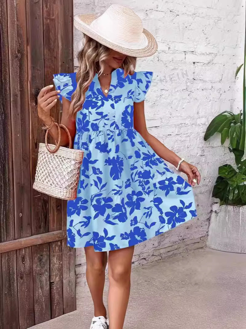 Antmvs -  Women's Floral Ruched Ruffle Hem Smock Dress, Casual Butterfly Sleeve Notched Neck Short Sundress, Summer Dresses 2024, Dresses for Women, Sundresses 2024, Ladies Clothes for Beach Holiday Vacation