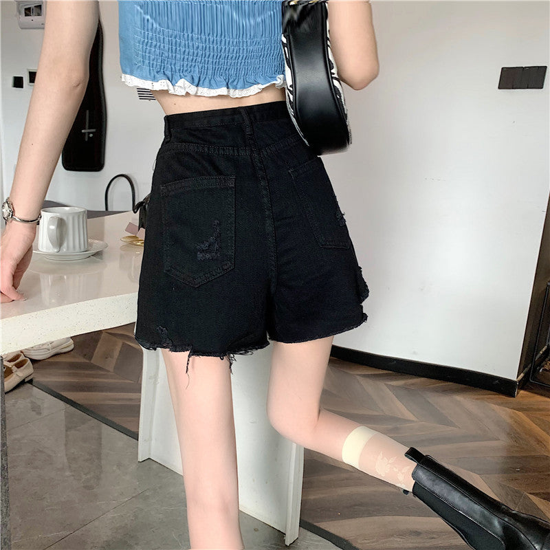 Antmvs Black Jeans Shorts for Women  Summer New Korean Style Ripped High Waist Slimming Hot Pants Hot Girl Wide-Leg Pants