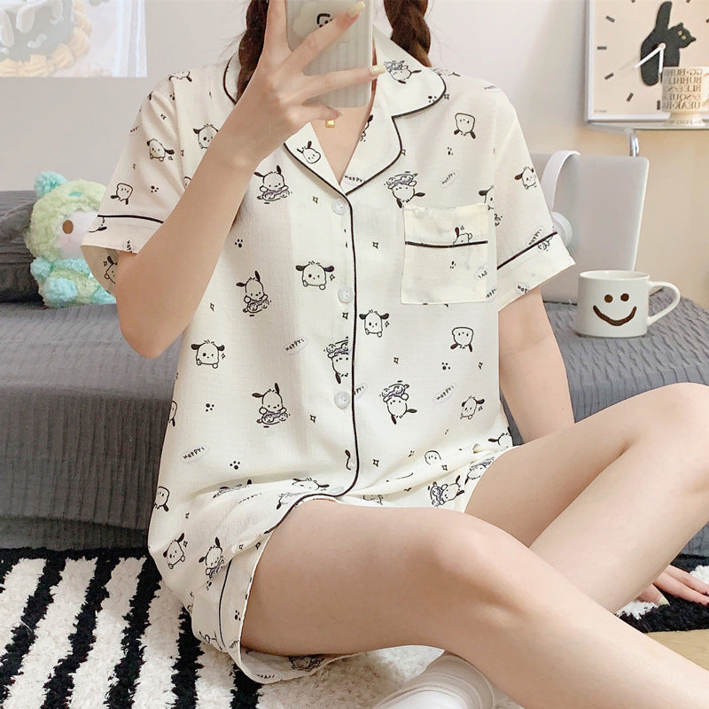 Antmvs -  Women's All Over Print Elastic Waist Pyjama Set, Button Front Top & Bow Decor Shorts, Summer Sleepwear, Pajama Sets Women, Nightwear Set for Women