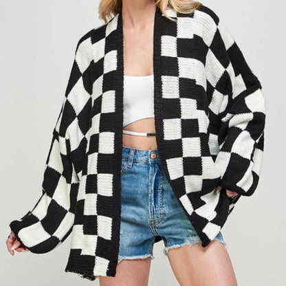 Antmvs -  Women's Checkerboard Pattern Drop Shoulder Cardigan, Casual Long Sleeve Open Front Knitwear for Summer, Fashion Ladies' Knit Clothing for Daily Wear