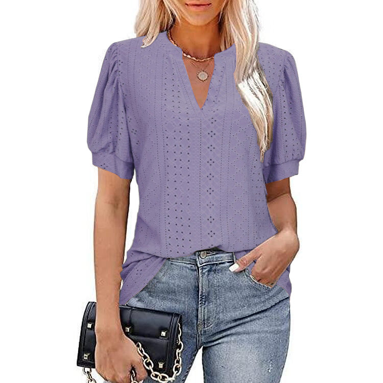 ANTMVS  Cross Border Foreign Trade   Spring and Summer Casual V-neck Solid Color Hollow Puff Sleeve Loose T-shirt