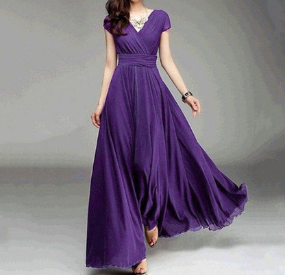 ANTMVS  EBay    Cross Border V-neck Short Sleeve Bohemian Chiffon Waist Dress Evening Dress