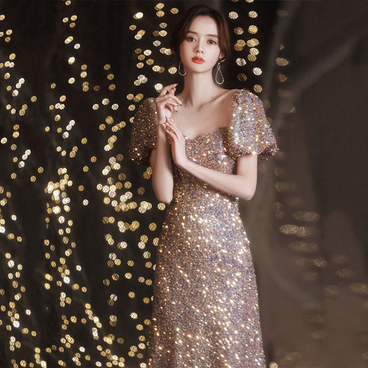2025 Evening dress sequined style light luxury niche dress skirt female banquet temperament celebrity New sense host performance clothes