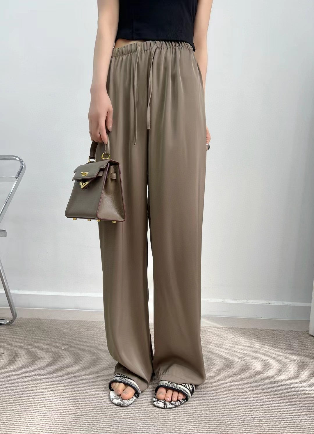 Antmvs Summer Silky Loose Satin Acetate Silk Wide-Leg Pants Women's High Waist Trousers Soft Glutinous Draping Casual Pants