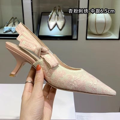 ANTMVS  D Spring and Summer Pointed Toe Shallow Mouth Flat Embroidered Sandals with Back Empty Cat Heel Sexy High Heels Pumps Women