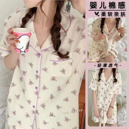 Antmvs -  Women's All Over Print Elastic Waist Pyjama Set, Button Front Top & Bow Decor Shorts, Summer Sleepwear, Pajama Sets Women, Nightwear Set for Women