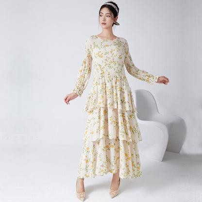 2025 Fashion dress high-end floral dress retro long-sleeved a-word skirt temperament versatile cake dress long dress women
