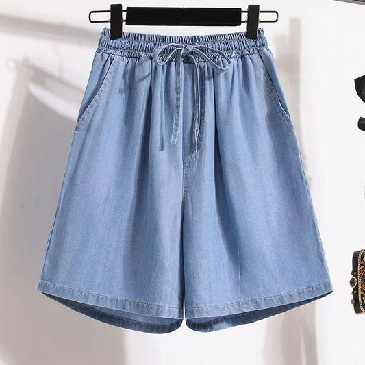 Antmvs Lyocell Denim Shorts Female Summer New Thin Ice Silk Casual Knee Length plus Size Loose Wide Leg High Waist Distressed A- line Pants