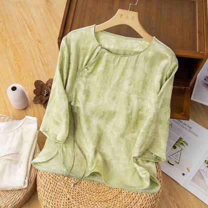 ANTMVS Spring and Summer New Chinese Style Traditional Printed Satin Crew Neck Blouse Tea Clothing Loose Slimming Shirt Artistic Style Female