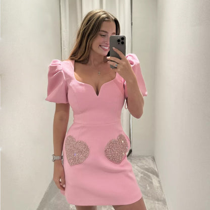 ANTMVS  24 Spring and Summer Cross-Border   V-neck Sweet Pink Puff Sleeve Sequined Women's Jumpsuit Short Hy101