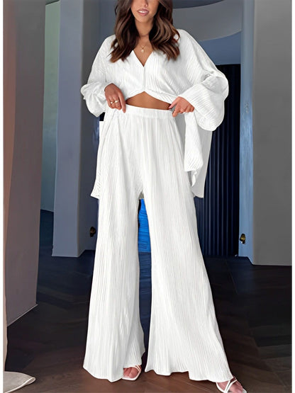 Antmvs -  New Cross-border Women's Spring Solid Color Pleated Single-breasted Top High Waist Wide-leg Flared Pants Home Wear Suit