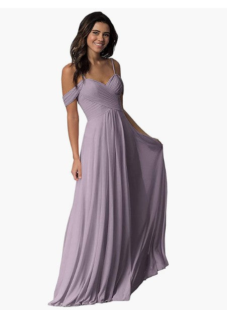 Women's off-the-Shoulder Chiffon A- line Ruffled Bridesmaid Dress Long Evening Gown Formal Dress for Prom Party