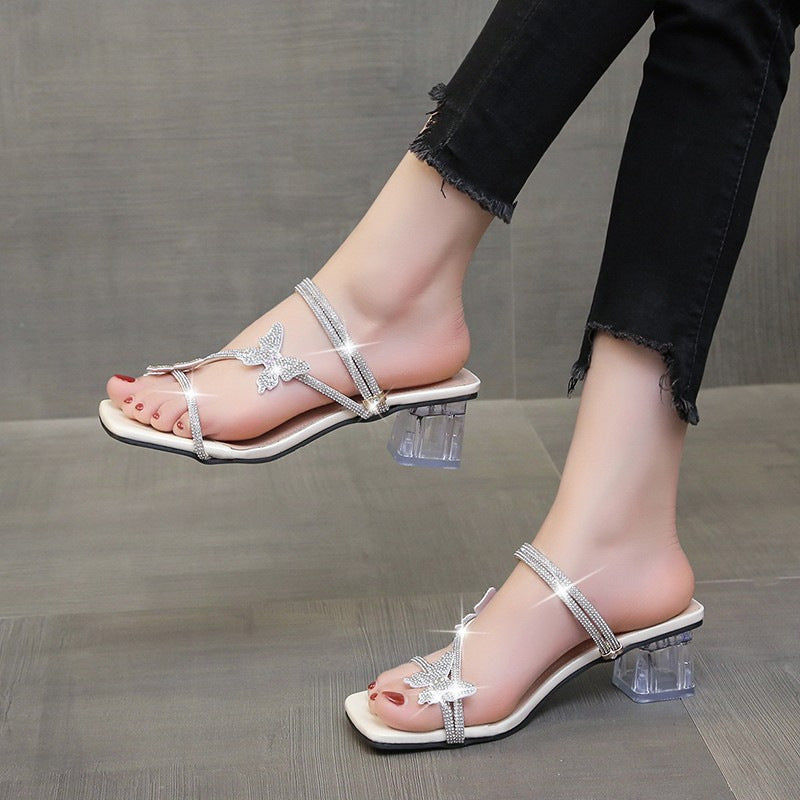 ANTMVS  Women's High Heel Sandals for Outer Wear  Summer New Rhinestone Bow Fashion Comfortable Not Tired Feet Two-Way Sandals